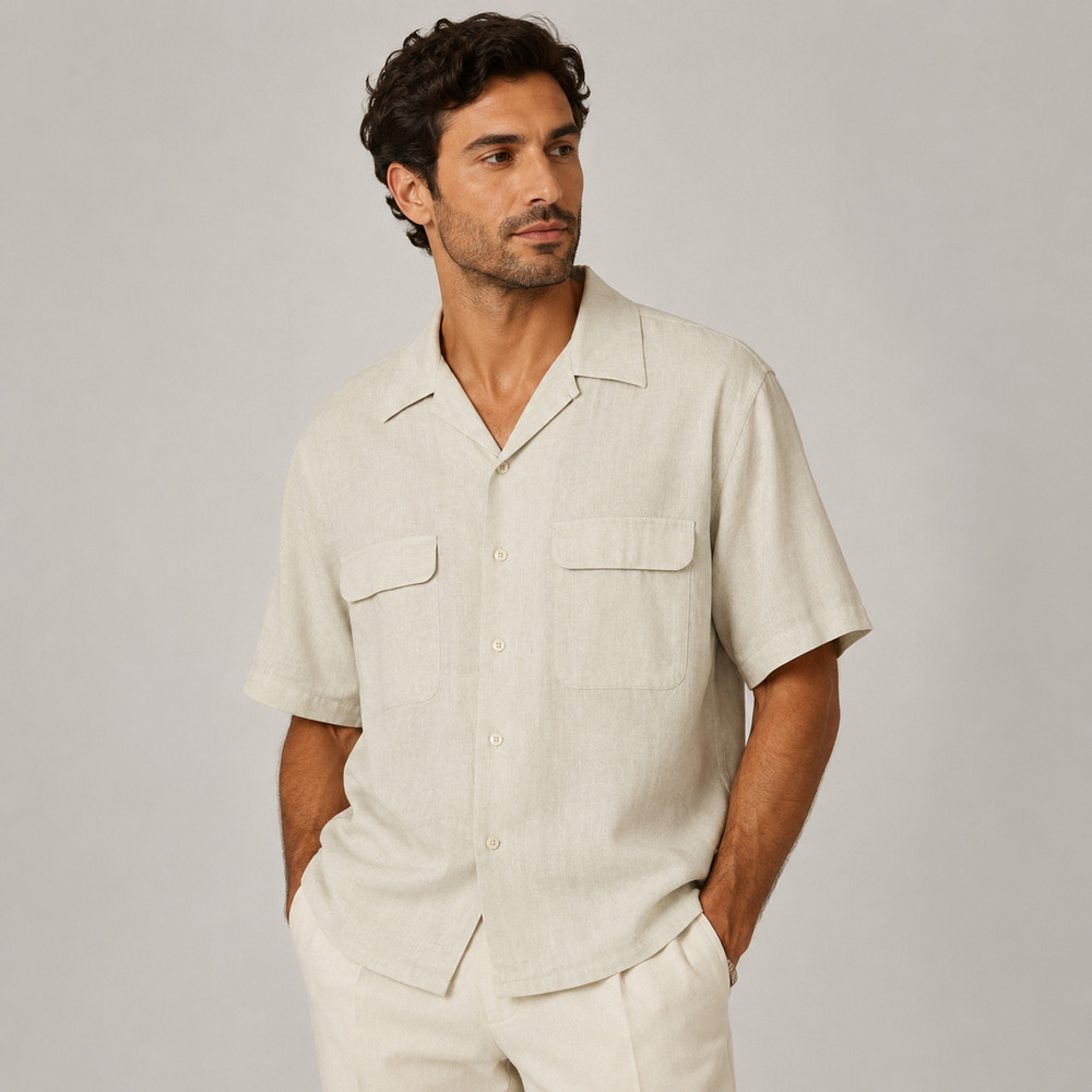Bruno Washable Linen Button Up Shirt Mens XL Beige Short Sleeve Pockets Light